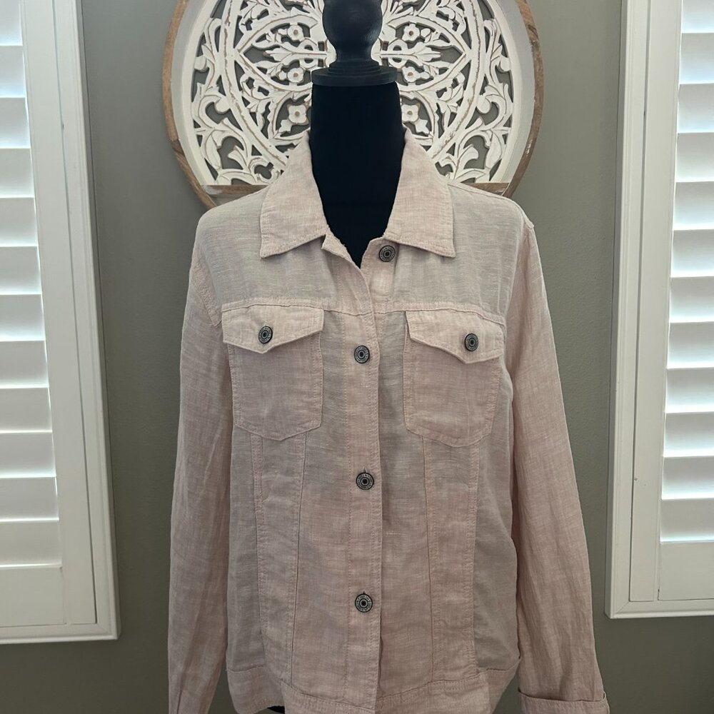 Jone New York JNY Jacket 100% Linen Pink Cropped Trucker SZL Lightweight Boho - Picture 2 of 9